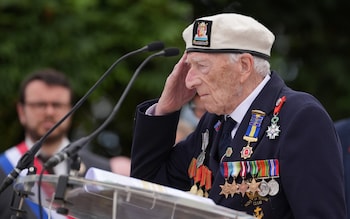 D-Day veteran Alec Penstone, 98, salutes as he speaks at the statue of Field Marshal Mo<em></em>ntgomery during the Spirit of Normandy Trust service in Coleville-Montgomery, France