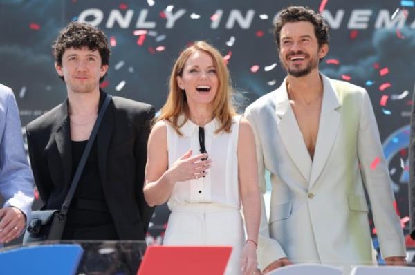 CANNES, FRANCE - MAY 26: GRAN TURISMO: THE MOVIE cast, (L-R) Maximilian Mundt, Geri Halliwell and Orlando Bloom attend the 2023 Cannes Film Festival Photo Call on May 26, 2023 in Cannes, France