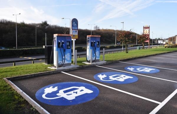 An electric vehicle charging pod point is seen on November 22, 2020 in Stoke-on-Trent, England