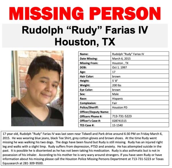 Rudolph Farias IV, a student at Pasadena High School in suburban Houston, had been missing since March 6, 2015.