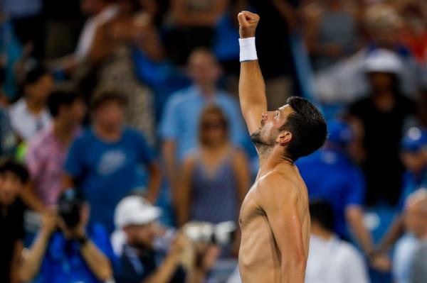 Novak Djokovic celebrates during his match against Carlos Alcaraz on Aug. 20.