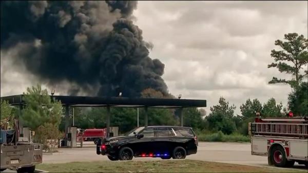 Smoke coming from a fire at Sound Resource Solutions chemical distribution plant in Shepherd, Texas on November 8, 2023.