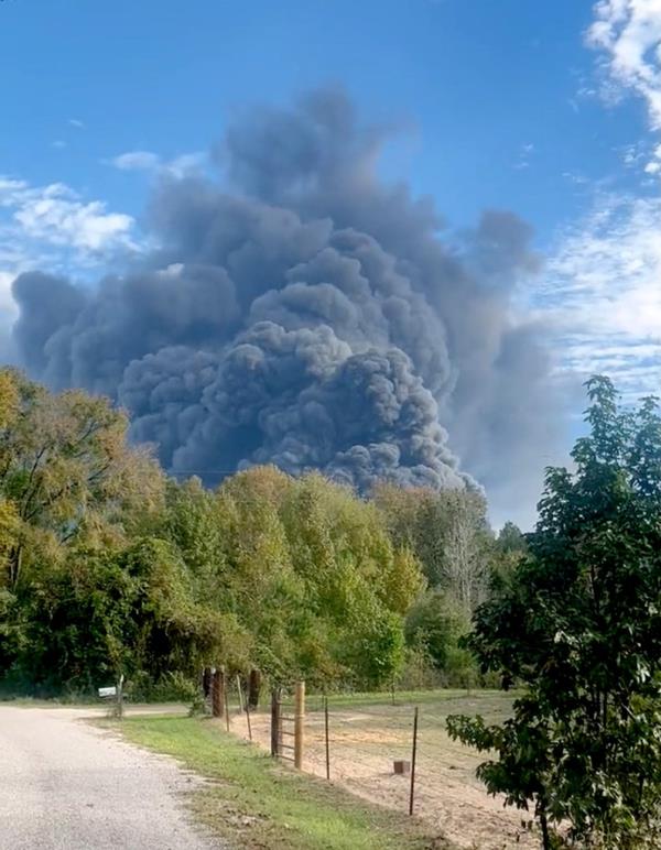 Smoke fills the sky from a chemical plant fire in Shepherd, Texas on Thursday, Nov. 8, 2023.