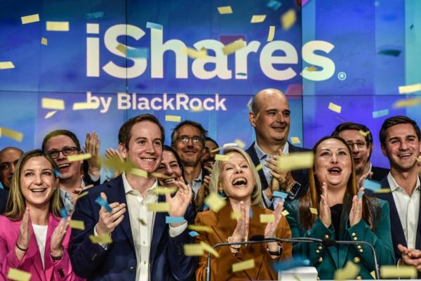 BlackRock executives ring the opening bell on Thursday as bitcoin spot ETF's are launched on the Nasdaq.