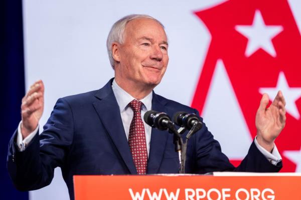 Asa Hutchinson, a candidate in the 2024 United States presidential election, speaks during the Florida Freedom Summit at the Gaylord Palms Resort in Kissimmee, Florida, USA, 04 November 2023.