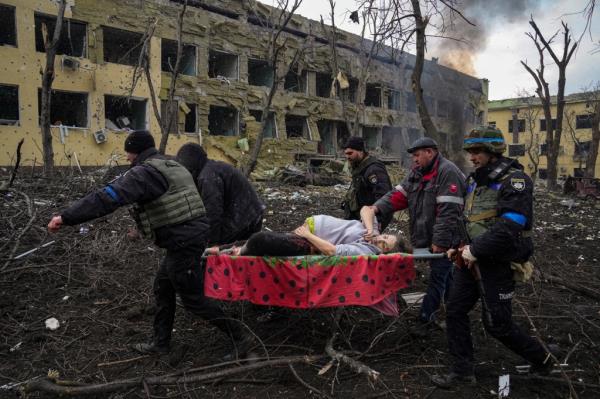 A scene from the Russian attack on the Mariupol maternity hospital in 2022; Russia has made civilians a favorite target of their bombs — with no relief in sight. 