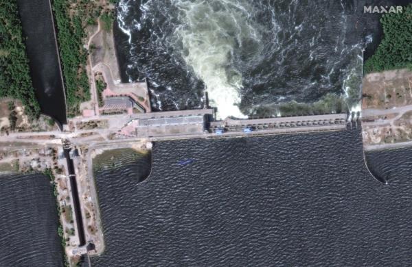 A satellite image of the destroyed dam at Nova Kakhovka. The resulting flooding now imperils tens of thousands of Ukrainians and is proof-positive that the war's long-awaited 'escalation' is happening.