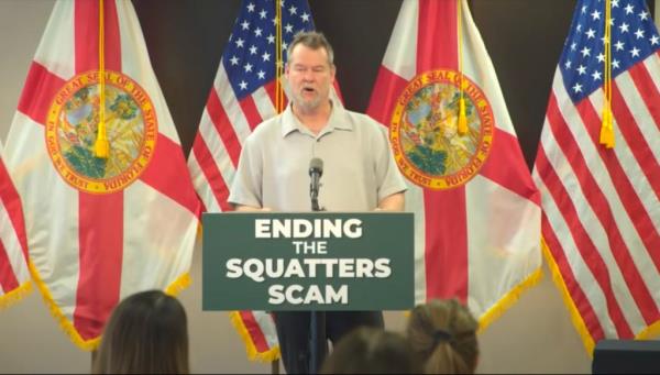 Flash Shelton the Squatter Hunter attends and delivers a speech during  Florid Gov DeSantis law bill signing allowing law enforcement the ability to remove and arrest squatters.