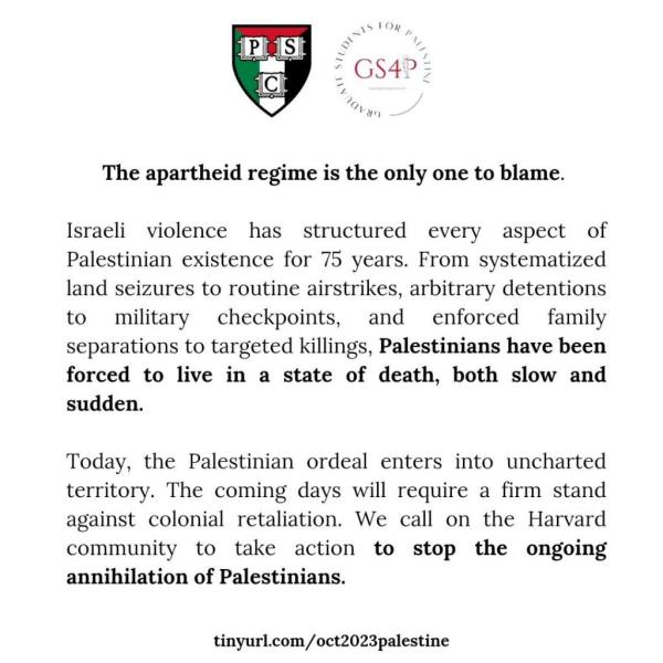 A screengrab of the Harvard College Palestine Solidarity Committee's letter.