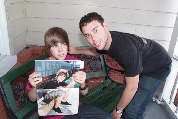 Justin Bieber musician and Scooter Braun pose for a portrait on the set of the music video One Less Lo<em></em>nely Girl in Watertown, Tennessee on September 12, 2009.  