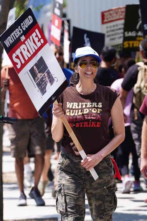 Sarah Silverman walks the picket line in support of the SAG-AFTRA and WGA strike on July 20, 2023 in Los Angeles, California. 