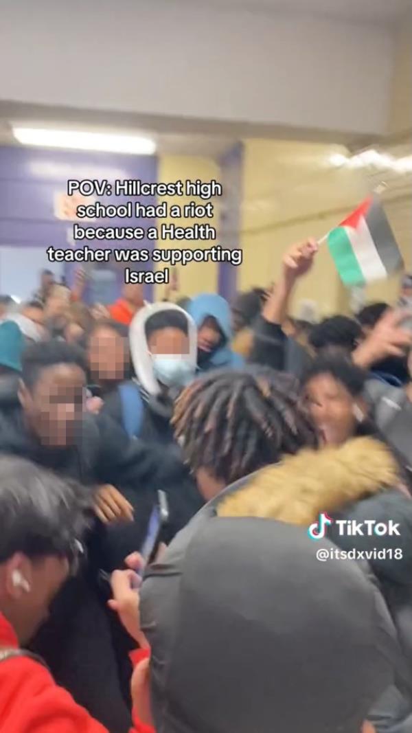 screenshot of a TikTok depicting the riot by students at Hillcrest High School on Monday