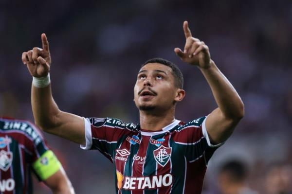 Andre of Fluminense celebrates after scoring the team firsts goal during the Copa Co<em></em>nMEBOL Libertadores 2023 Quarter-final first leg match between Fluminense v Olimpia at Maracana Stadium.