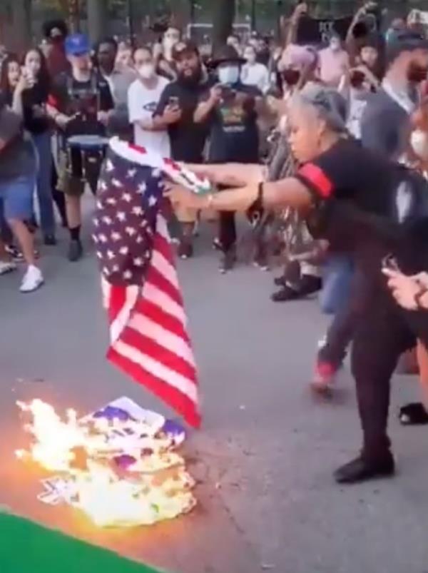 Screen grabs showing Shellyne Rodriguez placing the American Flag on a fire during a protest on July 4th