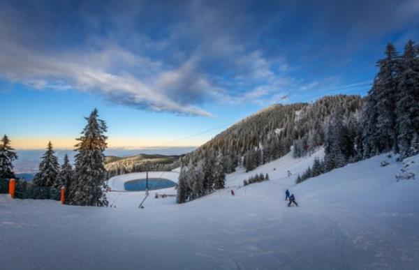 winter landscape sunset on the ski slopes resort in Poiana Brasov, Romania, Predeal, Sinaia