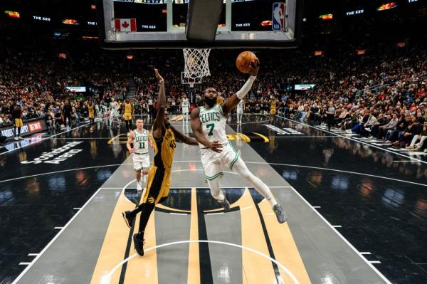 Jaylen Brown #7 of the Boston Celtics drives to the basket during the game against the Toro<em></em>nto Raptors during the In-Season Tournament game on November 17, 2023 at the Scotiabank Arena in Toronto, Ontario, Canada.