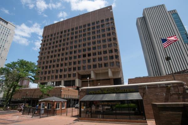 Outside of One Police Plaza headquarters in downtown Manhattan