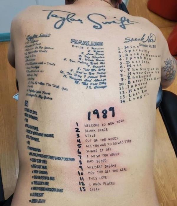 A Taylor Swift-inspired back tattoo featuring her name and five of her albums along with the correspo<em></em>nding set list for each one.