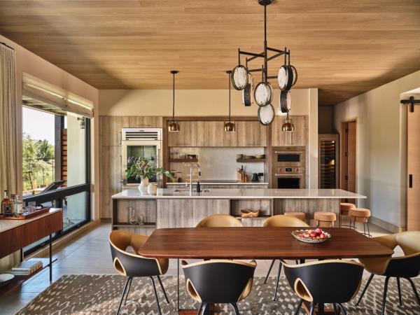 A close-up of the open kitchen and dining area.