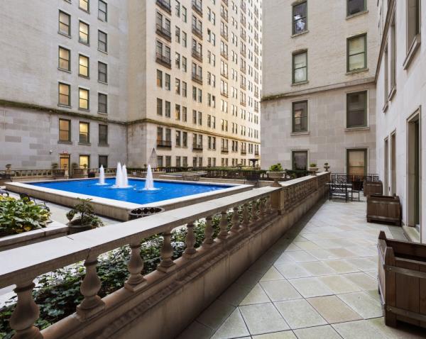 Exterior of the Plaza's courtyard fountain and gardens.