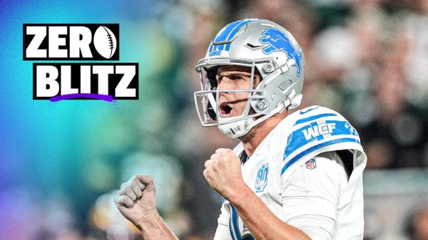 GREEN BAY, WISCo<em></em>nSIN - SEPTEMBER 28: Jared Goff #16 of the Detroit Lions celebrates against the Green Bay Packers during the fourth quarter in the game at Lambeau Field on September 28, 2023 in Green Bay, Wisconsin. (Photo by Patrick McDermott/Getty Images)