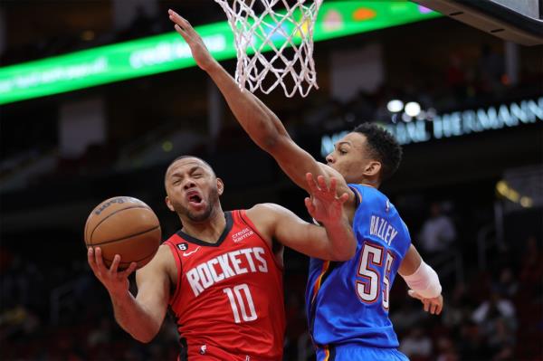 Darius Bazley, pictured attempting to block a shot, started for two seasons with the Thunder before his midseason trade to the Suns.