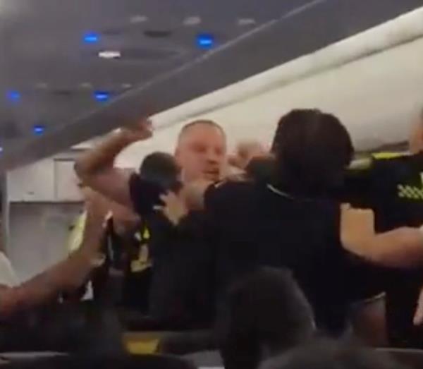 The unidentified man is seen getting into a brawl o<em></em>nboard the plane.