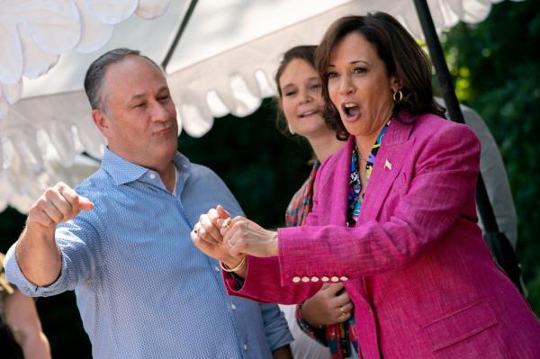 US Vice President Kamala Harris and Second Gentleman Doug Emhoff dance during a 50th Anniversary of Hip Hop event at the residence of the Vice President in Washington, DC, on September 9, 2023. 