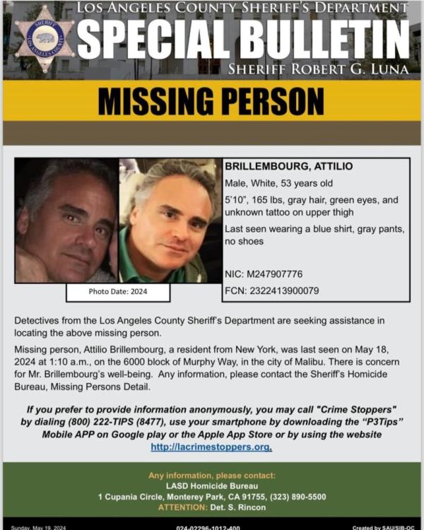 Screenshot of a missing person a<em></em>lert for Attilio Brillembourg, stepfather of Princess Tatiana of Greece and Denmark, issued by the Los Angeles County Sheriff's Office.