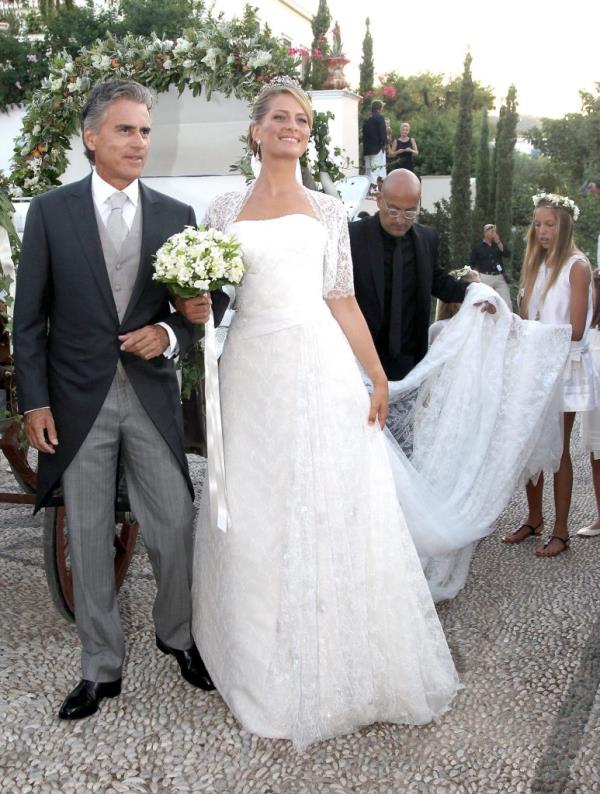 Tatiana Blatnik and her father Atilio Brillembourg arriving at the Cathedral of Ayios Nikolaos for her wedding to Prince Nikolaos of Greece in Spetses, Greece