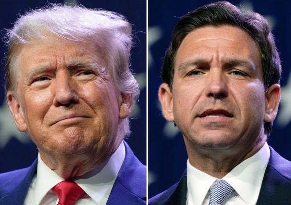 This combination of photos shows Republican presidential candidates former President Do<em></em>nald Trump, left, and Florida Gov. Ron DeSantis at the Republican Party of Iowa's 2023 Lincoln Dinner in Des Moines, Iowa, Friday, July 28, 2023. (AP Photo/Charlie Neibergall) ORG XMIT: WX206