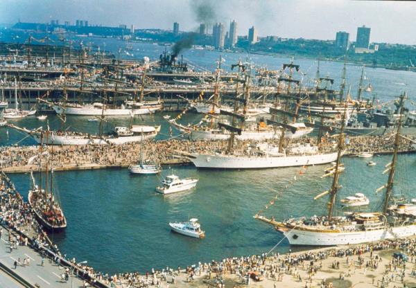 Visiting tall ships pictured in the harbor on July 4, 1976.