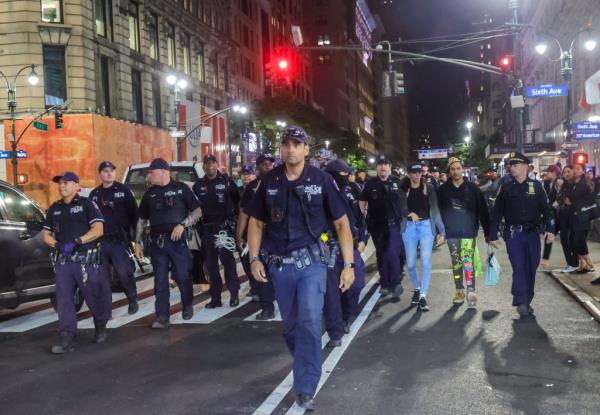 Security forces take measures around the area wher<em></em>e protesters gather to commemorate the third anniversary of George Floyd's death, calling for accountability and reforms in police practices in Midtown Manhattan, New York City, United States on May 25, 2023.