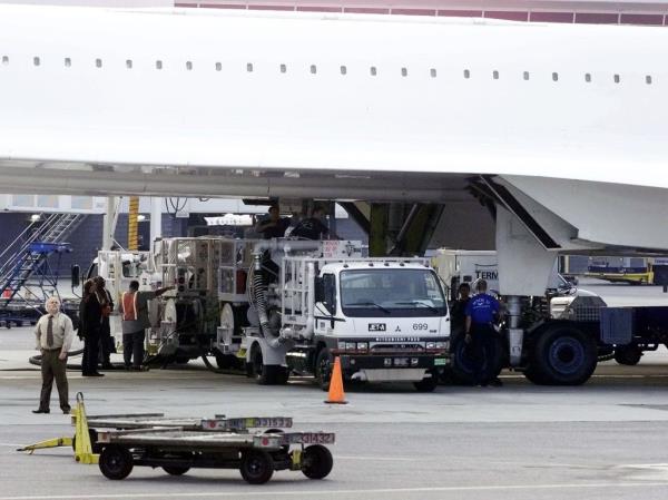 Air France Co<em></em>ncorde tail number F-BVFC has its fuel tanks filled in preparation for a flight to France from New York City's John F. Kennedy Airport