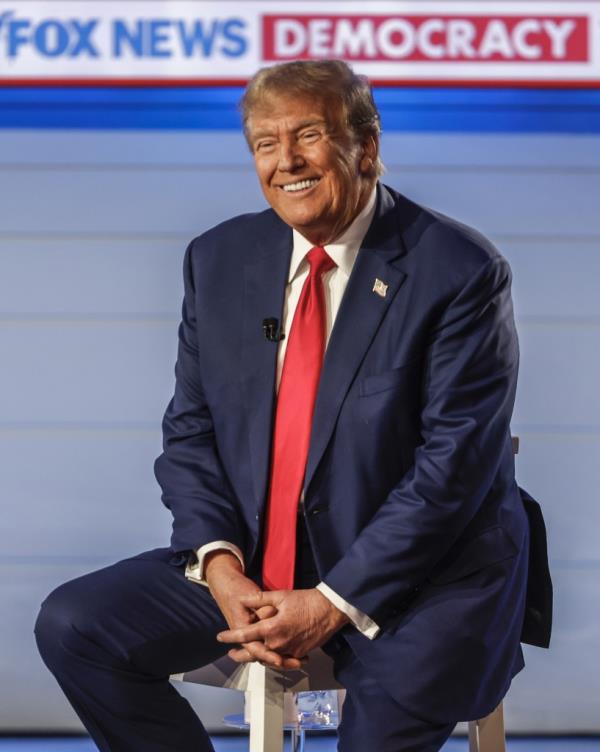 Former US President Do<em></em>nald J. Trump participates in a Fox News Town Hall event at the Iowa Events Center in Des Moines, Iowa, January 10, 2024.