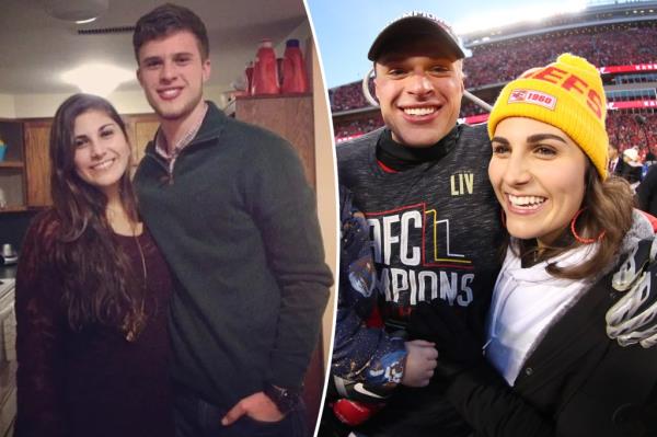 Harrison Butker with his wife before his NFL days and again with her on the field after winning the AFC Championship.