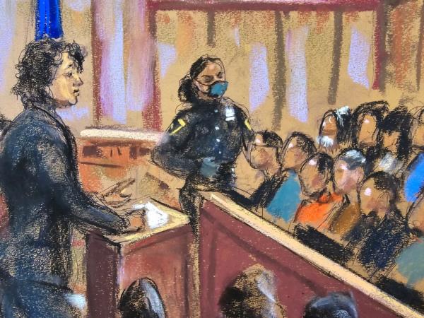 Sketch of Prosecutor Susan Hoffinger speaking at the podium during jury selection at Do<em></em>nald Trump's criminal trial in a Manhattan state court