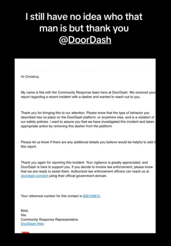 Email from DoorDash to Derrica