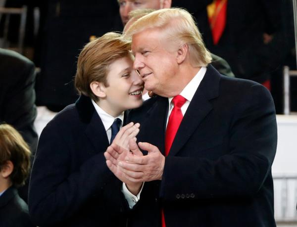 President Do<em></em>nald Trump, right, smiles with his son Barron as they view the 58th Presidential Inauguration parade for President Do<em></em>nald Trump in Washington. Friday, Jan. 20, 2017.