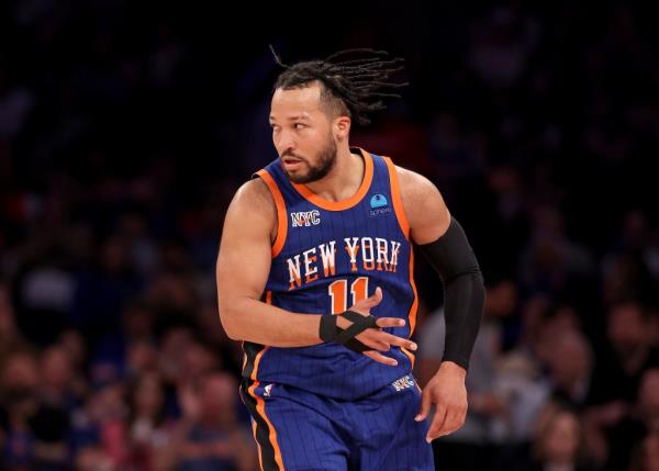 Jalen Brunson #11 of the New York Knicks celebrates his three point shot during the second half against the Chicago Bulls at Madison Square Garden on April 14, 2024 in New York City.