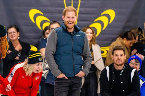 Prince Harry, Duke of Sussex and Michael Buble playing curling at Vancouver Curling Club for One Year to Go Event before Invictus Games Vancouver Whistler 2025.