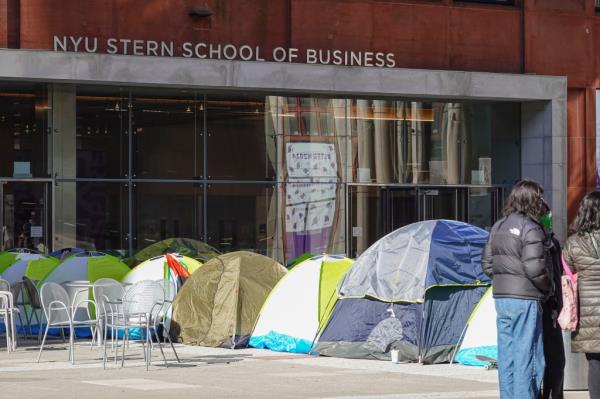 Camps have been set up in front of the NYU Stern School of Business to protest the war in Gaza.