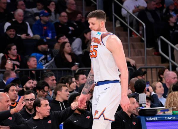 Isaiah Hartenstein #55, New York Knicks center, walks to the bench during the 2nd quarter of a game against Orlando Magic at Madison Square Garden.