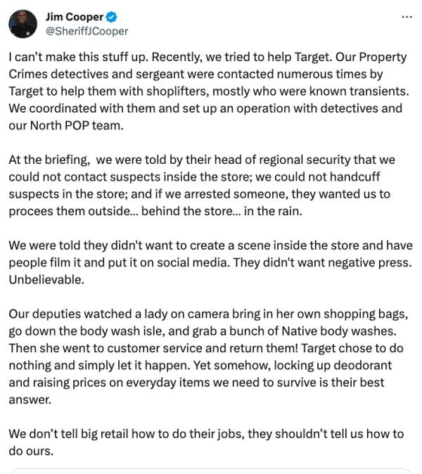 Sheriff Jim Cooper shared a lengthy post on X wher<em></em>e he bashed Target for preventing cops from thwarting retail theft.