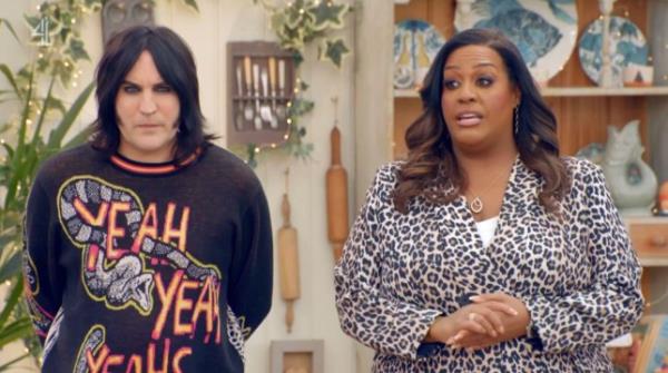 Noel Fielding wearing the Yeah Yeah Yeahs jumper, alo<em></em>ngside co-host Alison Hammond.