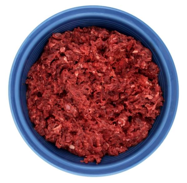 A bowl of Blue Ridge Beef pet food.