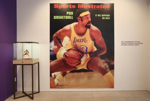 AUGUST 01: October 16, 1972 Sports Illustrated cover and signed limited edition Wilt Chamberlain sports porcelain figurine on display during the press preview at Sotheby's Auction House on August 01, 2023 in Los Angeles, California. 