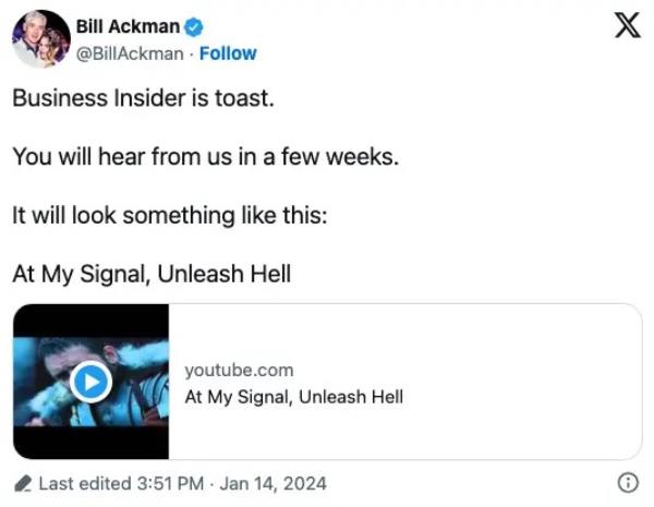 Bill Ackman tweet saying 