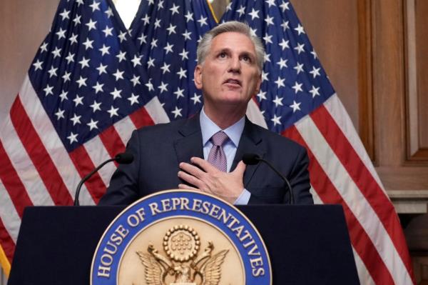 Rep. Kevin McCarthy, R-Calif., speaks to reporters hours after he was ousted as Speaker of the House, Tuesday, Oct. 3, 2023, at the Capitol in Washington.