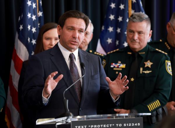 DeSantis speaks during a campaign event at The Vault on October 05, 2023 in Tampa, Florida.